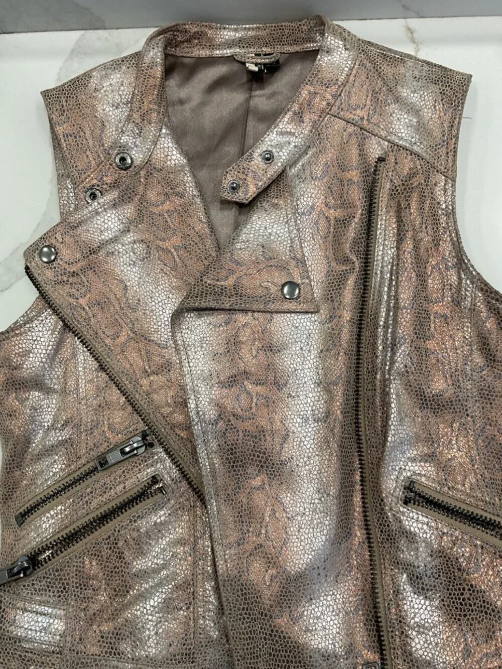 Topshop Gold Metallic Snakeskin Print Leather Vest Size 8 Motorcycle Glam